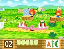 Kirby using a Power Combo ability in the game's first level. The two copy abilities that comprise the Power Combo, "Needle" and "Cutter", are displayed in the bottom right corner of the HUD. Kirby64PowerCombo.jpg