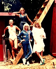 Christine Garner, Terri Robinson, Dinah May and Carinthia West on location in Los Angeles, July 1982, for the shoot of The Optimist, series one