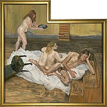 Three nude people, two women and a man lay about in a rough or unfinished room. An ornate padded chair lays tipped over to the left of the scene, painted in detail but neglected by the characters. The painting is framed in gold, a custom-made frame to with an unusual extension at the top, to surround the part of the painting that was appended by the artist.