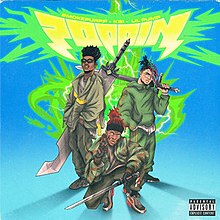 Cartoon illustrations of Smokepurpp (left), KSI (centre) and Lil Pump (right), dressed in green clothing and equipped with swords, in the centre of a blue background. The title "Poppin" appears in large yellow font at the top, with the artists' names in small yellow font above.