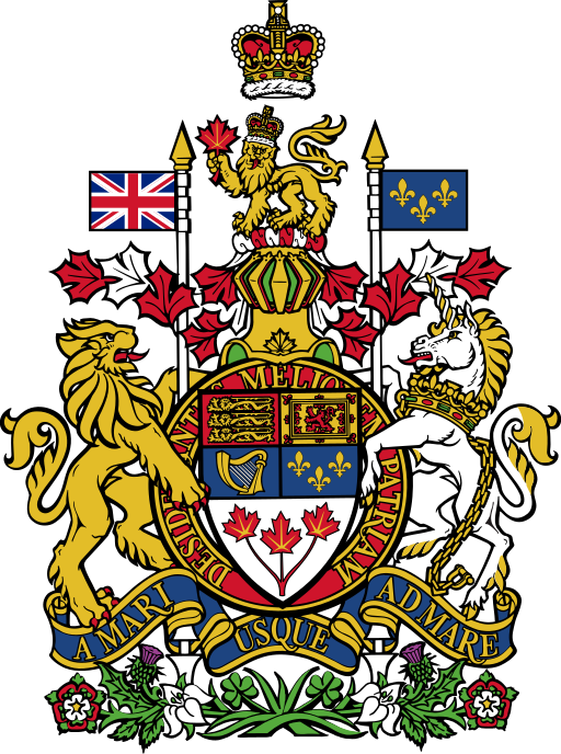 At the top there is a rendition of St. Edward's Crown, with the crest of a crowned gold lion standing on a twisted wreath of red & white silk and holding a maple leaf in its adjusting paw underneath. The lion is standing on top of a helm, which is above the escutcheon, ribbon, motto and compartment. There is a supporter of either side of the escutcheon and ribbon; an English lion on the left and a Scottish unicorn on the right.