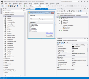 Screenshot aplikace Visual Studio Express 2012 pro stolní počítače běžící na Windows 7, vývoj aplikace pro Windows s názvem Wikipedia Recon Drone