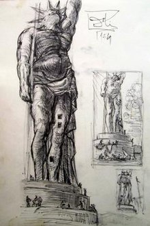Black and white ink sketch showing three versions of the Colossus
