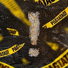The cover art for 'Pagtatag!': A close-up photo of a dark-colored rock with a white exclamation mark painted over it. Shredded barricade tape with "Pagtatag!" written on it appears in the foreground.