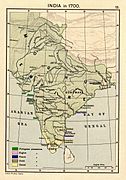 The Mughal Empire at its greatest extent at the end of the reign of Emperor Aurangzeb