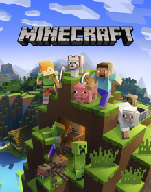 The default player skin, Steve, running across a grassy plain while carrying an Iron pickaxe. Alongside him is a tame wolf. In the background, there is a pig, a chicken, a cow, a skeleton, a zombie, and a creeper. Mountains and cliffs fill the background, and the sky is blue, filled with clouds. Hovering over the scene is the Minecraft logo.