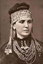 Sophia Schliemann (nee Engastromenos), the wife of the archaeologist Heinrich Schliemann, wearing treasures recovered at Hisarlik. Sophia schliemann treasure.jpg