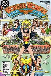 Cover of Wonder Woman (vol. 2) #1 (February 1987), showing the character's look after the Crisis on Infinite Earths continuity reboot. Art by George Perez. Wonder woman 02.jpg