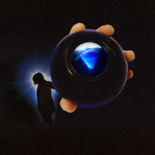 A figure in silhouette holding out a Magic 8 Ball with its window visible to the viewer and the die inside showing the word "DECIDE"