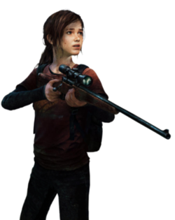 Artwork of a teenage girl, with brown hair. She is holding a sniper rifle in front of her, and looking at something to her left.