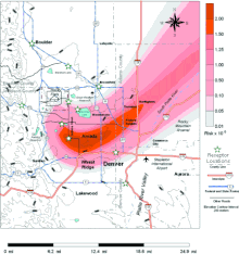 One of four example estimates of the plutonium (Pu-239) plume from the 1957 fire at the Rocky Flats Nuclear Weapons Plant near Denver, Colorado. Public protests and a combined Federal Bureau of Investigation and United States Environmental Protection Agency raid in 1989 stopped production at the plant. Plutonium plume from the 1957 fire at Rocky Flats, per Colorado state dept of public health.gif