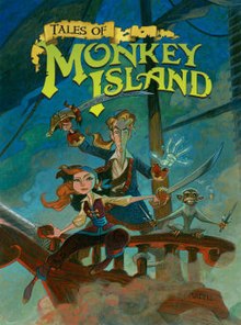 На стилизованной обложке изображены персонажи Элейн и Гайбраш, вооруженные мечами, на корабле вместе с обезьяной.