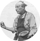 elderly, gloomy looking man in gardening apron