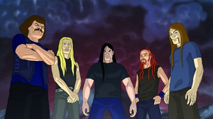 Члены Dethklok. Слева направо: Уильям Мердерфейс, Сквизгаар Сквигельф, Натан Эксплоузон, Пиклз и Токи Вартуз.