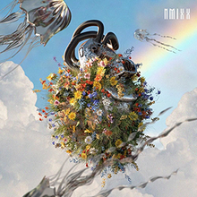 Several jellyfish-like beings floating high in the sky surrounding a monument covered in flowers, with the band's name in white in the top-right corner