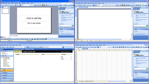 Clockwise from top-right: Word, Publisher, PowerPoint, Excel, on Windows 10.