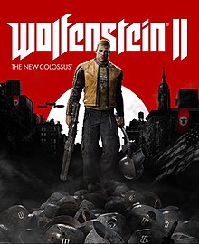 The game's cover art. The text "Wolfenstein II" is in the centre, with the text "The New Colossus" written underneath it, aligned to the left. Underneath and in front of the text is the game's protagonist, B.J. Blazkowicz, walking through a pile of enemy soldiers with Nazi buildings in the background.