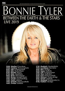 Vertical image featuring an image of Bonnie Tyler, and tour dates listed underneath.