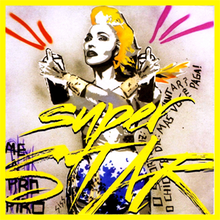 A painted image of Madonna holding can of sprays in her hand, and the song name written across a flowing text