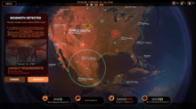 Promotional screenshot of the prototype version of Phoenix Point's Geoscape indicating that a city-sized land-walking Behemoth is detected.