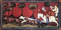 Wolf hunt depicted in a 14th-century bestiary Medium loup.jpg