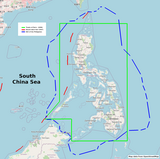 The exclusive economic zone of the Philippines shown in blue lines [12], eleven dash-line claim by China shown in red lines, treaty line of the Treaty of Paris (1898) shown in green line.