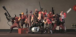 From left to right: pyro, engineer, spy, heavy, sniper, scout, soldier, demoman, medic