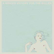 A pencil drawing of a naked woman lying against a teal background; she is in the bottom-right corner of the drawing. The woman's hair is the same colour as the background. Uppercase cream-colored text above reads "A Winged Victory for the Sullen". A cream border surrounds the image.