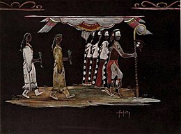 Watercolor painting depicts six figures performing a traditional dance.