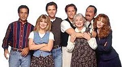 Cast of Wings seasons 7-8 (l to r): Tony Shalhoub, Crystal Bernard, Timothy Daly, Steven Weber, Rebecca Schull, David Schramm, Amy Yasbeck Wings (TV show).jpg