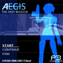 The title screen shows a blue silhouette of the human robot Aigis.