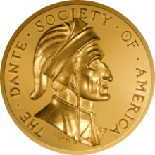 Gold medallion with a side profile of Dante and the words "The Dante Society of America"