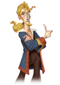 A young man with blonde hair tied in a ponytail, blue eyes and a goatee beard, wearing a blue pirate coat. A small earring is worn in his right ear.