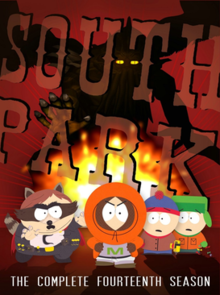 Four crudely animated children sport a heroic theme in front of a maroon background, which also features fire. The words 