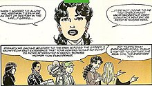 Diana reveals to reporters that she uses the civilian identity of Diana Prince while working at a museum.
Art by John Byrne. DianaPrinceReveal.jpg