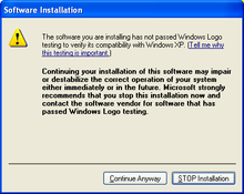 Warning for uncertified hardware drivers XPDriverWarning.png