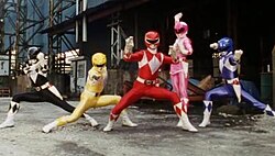 The five original Power Rangers, from left: Zack, Trini, Jason, Kimberly and Billy ZyuRanger1.jpg