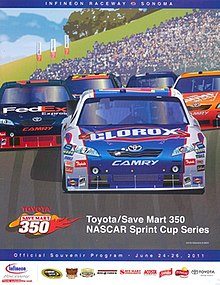 The 2011 Toyota/Save Mart 350 program cover, featuring Marcos Ambrose at the front. Artwork by David Grandin.