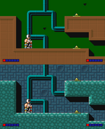 The first room of the game, in the 1992 Electro Body version (top) and the 1993 Electro Man (bottom). Electro Body & Electro Man.png