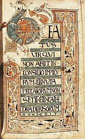 The Ricemarch Psalter, c. 1080, the start of Psalm 1:"Beatus vir..." Ricemarch Psalter, Psalm 1.JPG