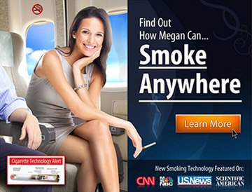Скриншот незапрашиваемого электронного письма о стартовом комплекте электронной сигареты. На изображении говорится: «Узнай, как Меган может ... курить где угодно»