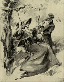 magazine sketch of a young woman on a swing and an attentive young man, both in early nineteenth century costume