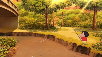 In-game screenshot of Shinnosuke fishing in a river at sunset.