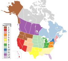 A chorochromatic map depicting the 13 IATSE district groupings in the United States and Canada