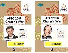 Security passes similar to those used by APEC officials. Words such as JOKE and Insecurity were clearly printed.