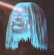 The computer graphic of a woman's head that is blue and transparent, floating in the darkness, with a beam of multi-colored light coming from her forehead