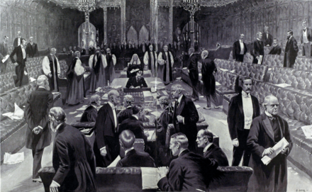 Scene inside parliamentary debating chamber with peers and bishops walking into the voting lobbies. Two bishops are joining the peers opposing the current legislation; the others are voting with the government
