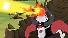 Tirek releasing an orange laser towards the sky where Twilight Sparkle is