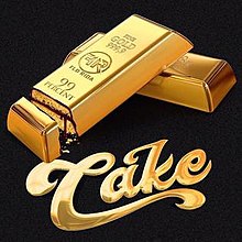 The cover consists of two gold bars against a black background, one of them has both artists name on them and is broken off to reveal its a cake with chocolate filling inside. The title is colored gold.