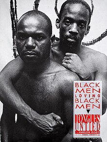 Black-and-white poster of two African-American shirtless men, whose faces express frowns. The behind man wrapping one arm around the front man.